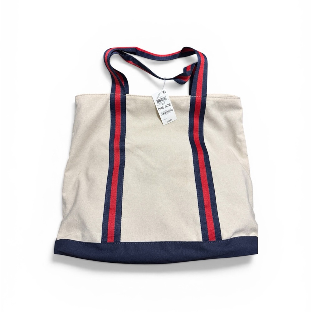 Club Room Cream Canvas Tote with Navy Base and Red-Navy Striped Handles 14X14”